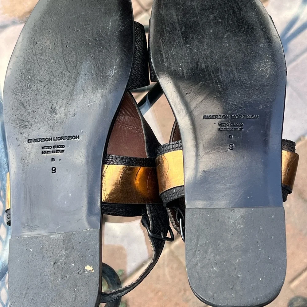 Sigerson Morrison Black and Gold Sandals with Ankle Strap - Picture 7 of 8